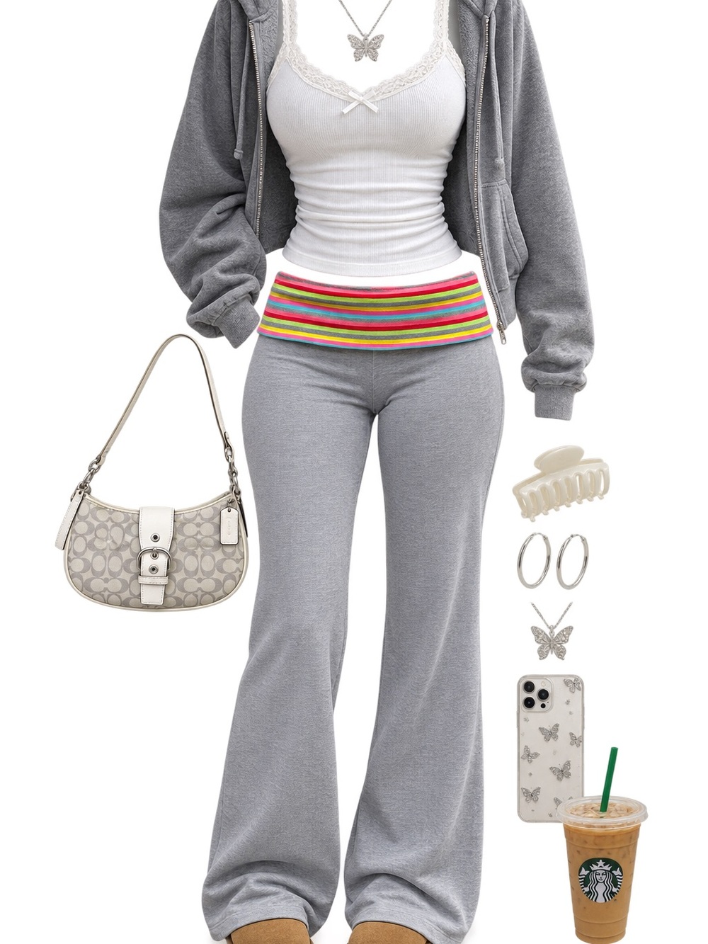 Y2K Rainbow Stripe Foldover Flare Yoga Pants Gray Low Rise 2000s Bell Bottom